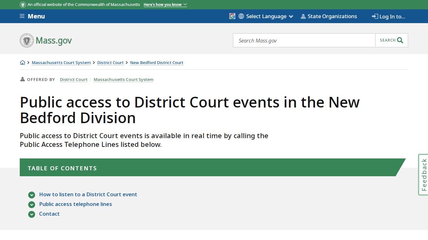 Public access to District Court events in the New Bedford Division ...